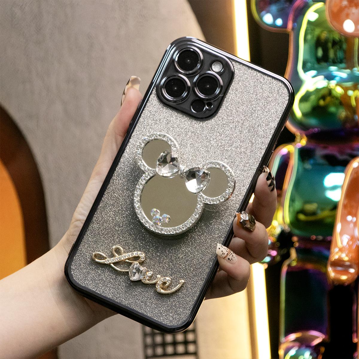 Glitter Transparent Gradient Mouse Head Mirror Kickstand Plating Phone Case For iPhone 16 15 14 13 12 Pro Max Clear Soft TPU Back Cover
