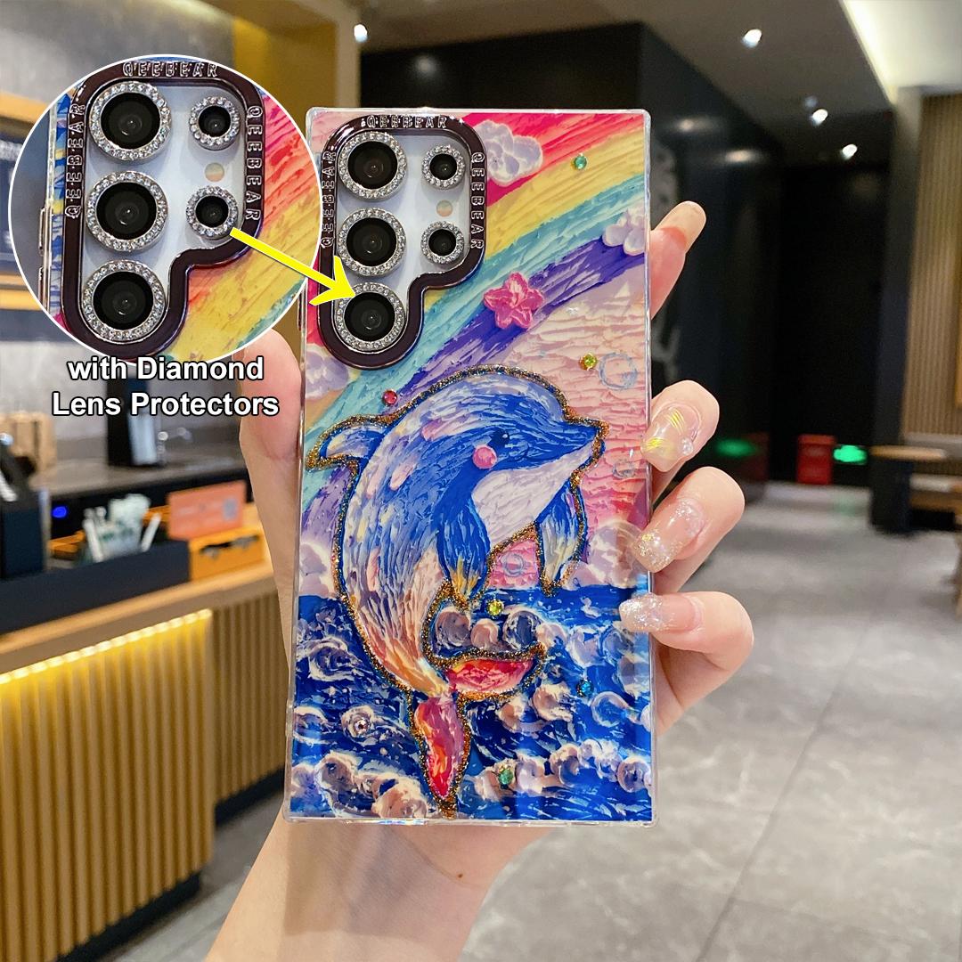 For Samsung S25 S24 S23 S22 Phone Case with Diamond Lens Protectors, Luxury Panda Leopard Rainbow Butterfly Elephant Oil Painting Metal Camera Frame Anti-drop Hard Shockproof Full Cover