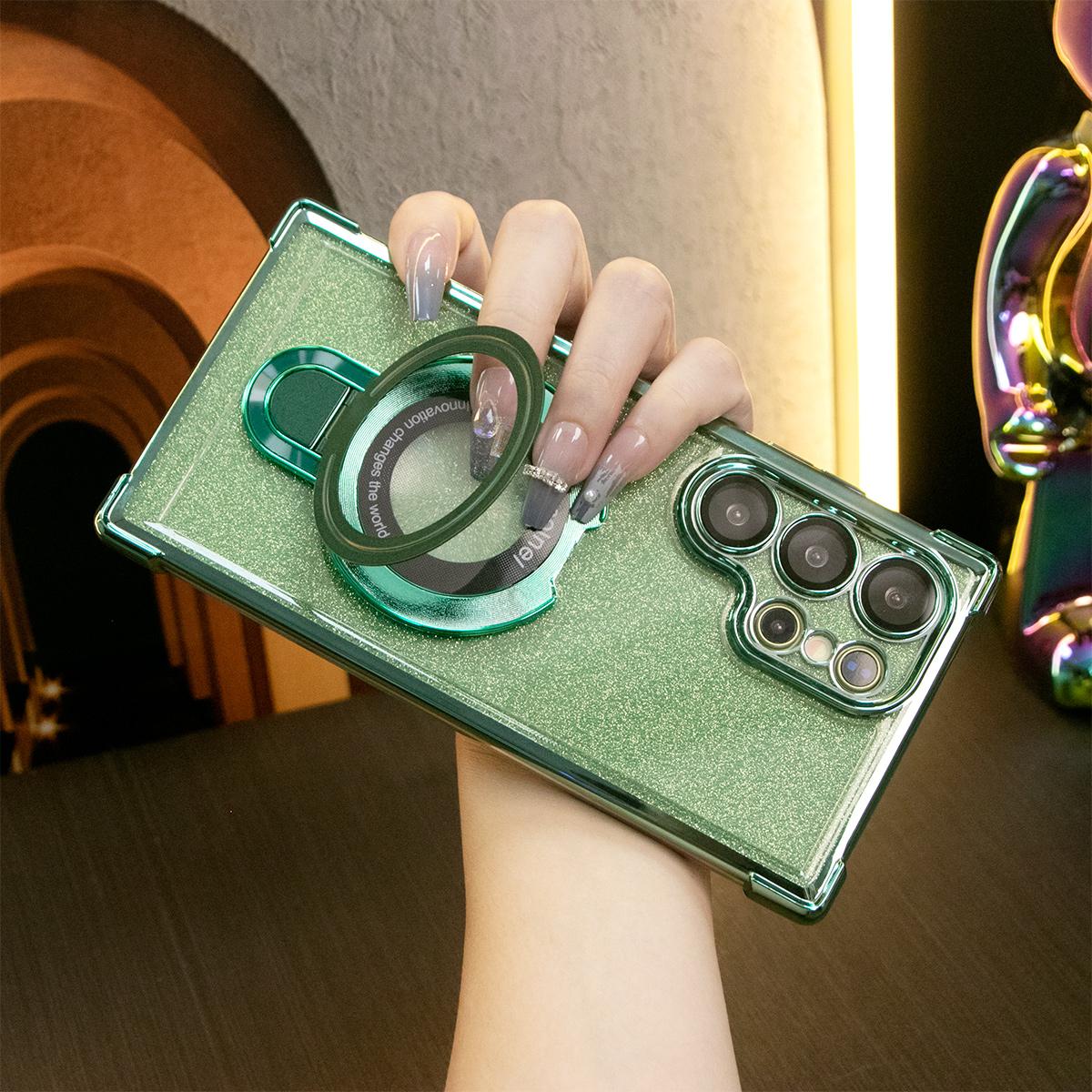 Luxury Glitter Plating Four Corners Shockproof Clear Phone Case With Magnetic Kickstand For iPhone 16 15 14 13 12 11 XR XSMax X/XS Hard Acrylic Hybrid Bumper Hard Full Cover