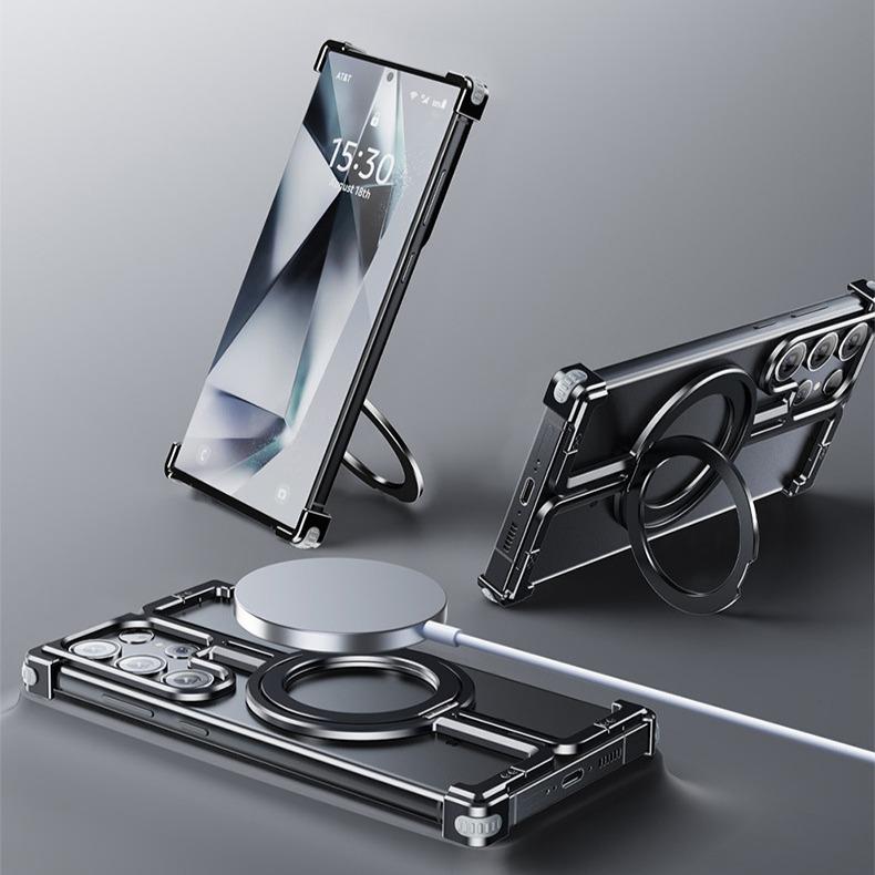 For Samsung S25Ultra S24Ultra S24+ S24 Aluminum π Shape Phone Case with Metal 360 Rotating Kickstand, Anti-Fall for Magsafe Shockproof Frameless Support Wireless Charging Hard Full Cover