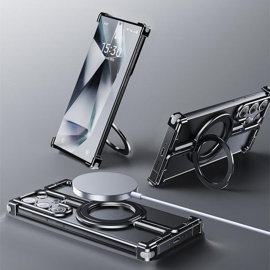 For Samsung S25Ultra S24Ultra S24+ S24 Aluminum π Shape Phone Case with Metal 360 Rotating Kickstand, Anti-Fall for Magsafe Shockproof Frameless Support Wireless Charging Hard Full Cover