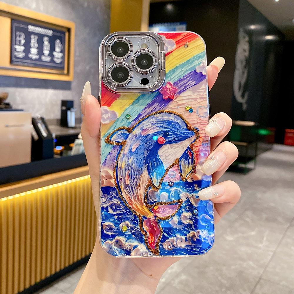 For iPhone 16ProMax 16 15 14 13 12 11 Phone Case with Diamond Camera Kickstand, Dolphin Whale Panda Elephant Snake Animal, Oil Painting Camera Frame Anti-drop Hard Shockproof Full Cover