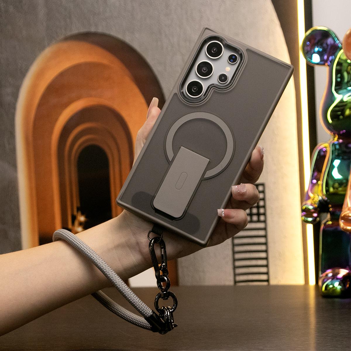 Matte Clear Portable Kickstand Magnetic Phone Case With Multifunctional Wristband For Samsung S25Ultra S25Plus S24FE S24Ultra S25 S24 S23 Skin Feel Shockproof Camera Metal Frame