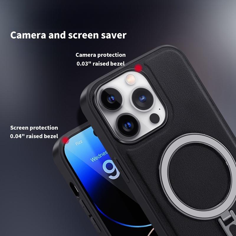 Luxury Full Leather Glossy Kickstand Phone Case For Magsafe For iPhone 16ProMax 16 15 14 13 12 11 Metal Ring Magnetic Metal Holder Shockproof Stand Back Cover