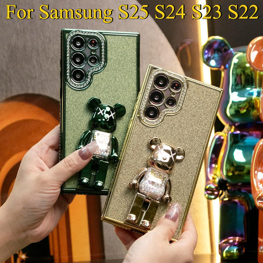 For Samsung S25Ultra S25 S24 S23 S22 Plus Ultra Case, Clear Rhinestone Candy Bear Kickstand, Glitter Luxury Elegant Plating Case Camera Protection Shockproof Soft Cover