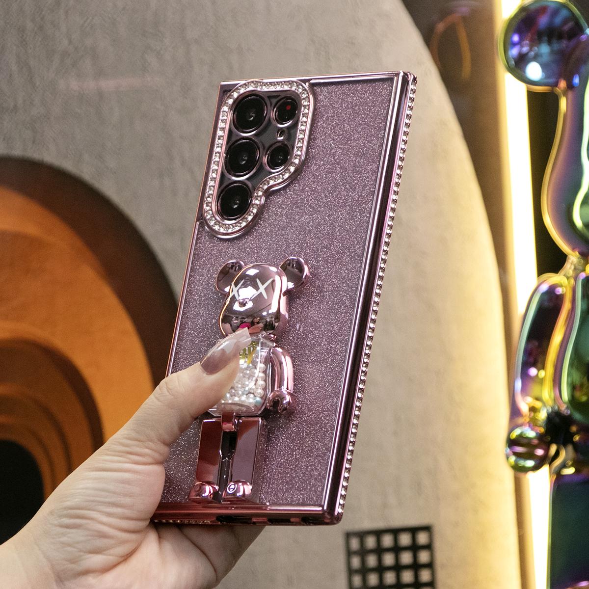 For Samsung S25Ultra S25 S24 S23 S22 Plus Ultra Case, Clear Rhinestone Candy Bear Kickstand, Glitter Luxury Elegant Plating Case Camera Protection Shockproof Soft Cover