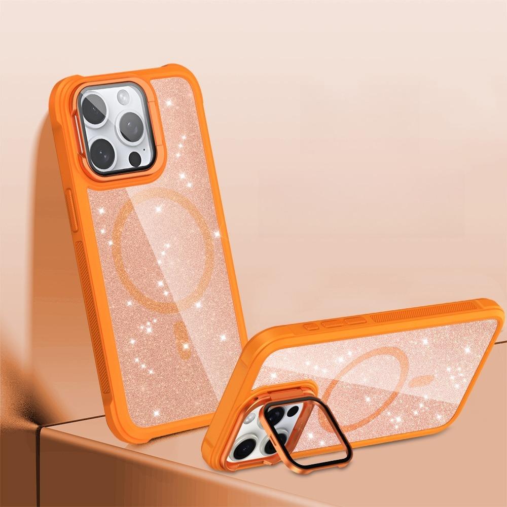 For iPhone 16ProMax 16 15 14 13 12 11 Strong Magnetic Phone Case, Glass Camera Kickstand Protection, Glitter Clear Acrylic Four Corner Shockproof Bumper Hand Feel Hard Full Cover