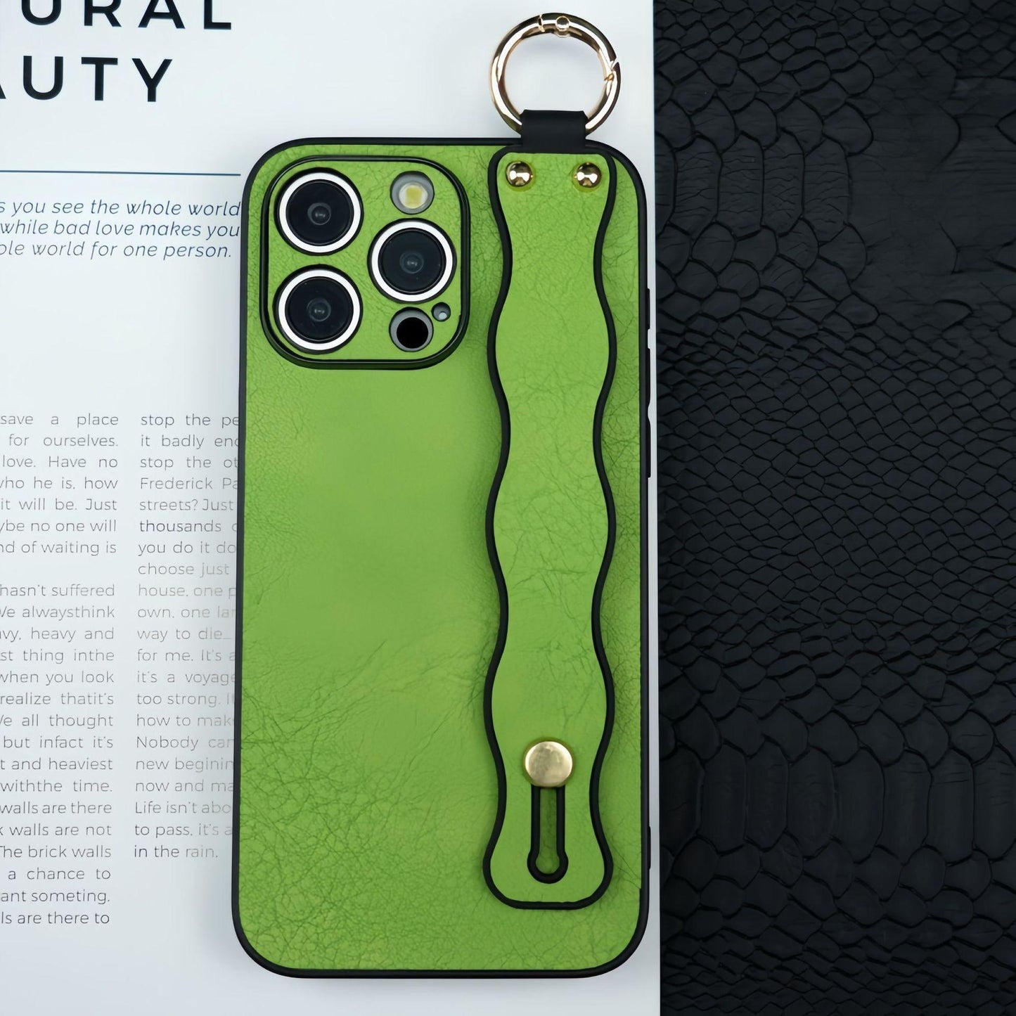 For iPhone 16ProMax 16 15 14 13 12 Case With Wave Wristband, Luxury Durable Faux Leather Kickstand Shockproof Phone Case