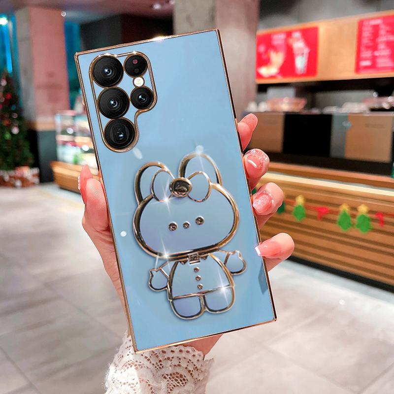 Cute Rabbit Mirror Stand Plating Phone Case for Samsung S25Ultra S25Plus S25 S24Ultra S24Plus S24 S24FE