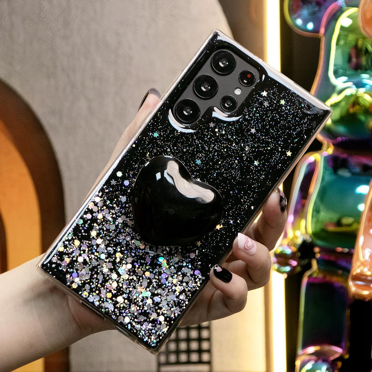 Glitter Star Sequin Crystal Love Heart Stand Phone Case For Samsung S25 S24 S23 S22 S21 Note20 A15 A25 A35 A55 Clear Soft TPU Back Cover