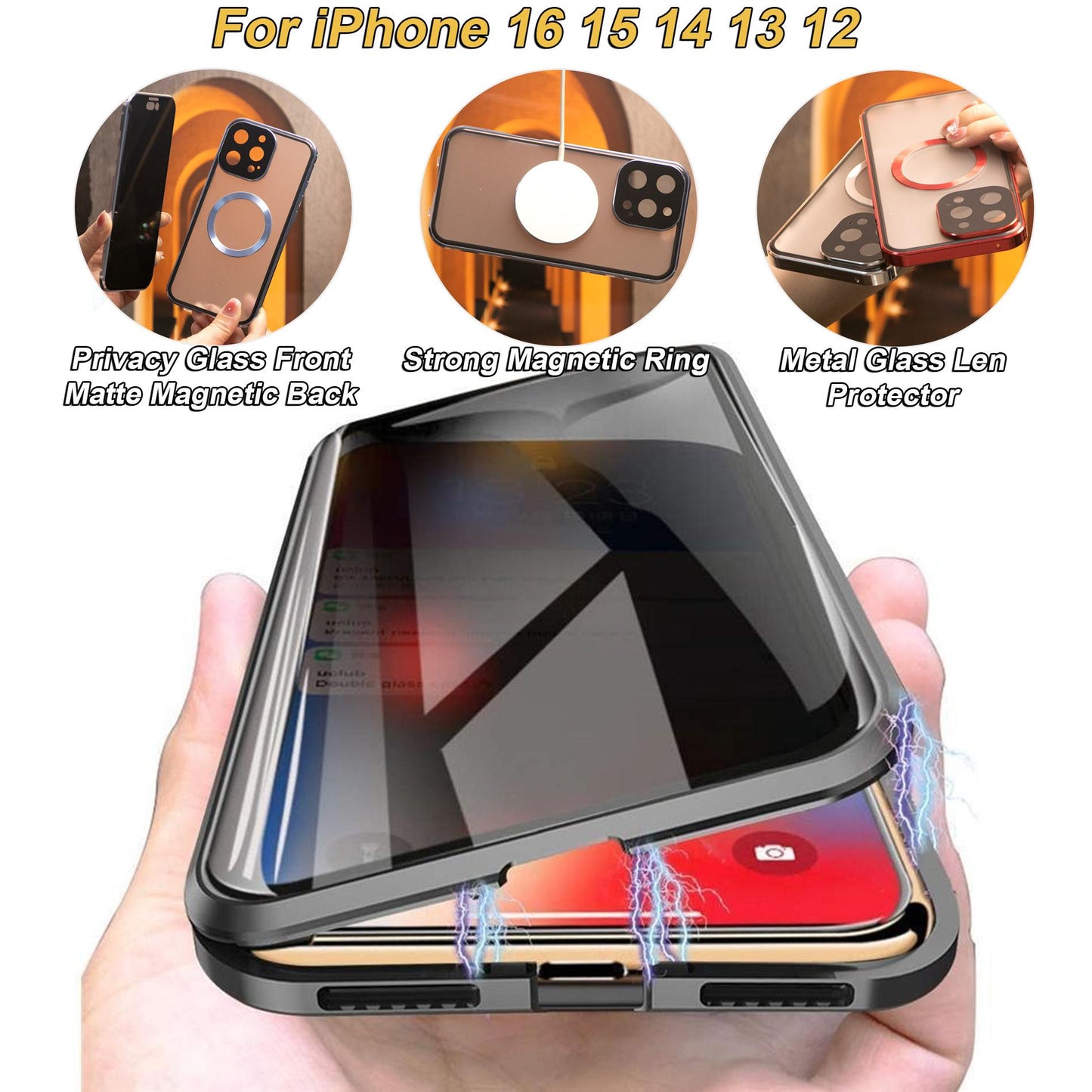 Anti Peeping Magnetic Double Sided Full Cover Privacy Metal Bumper Glass Case for iPhone 16ProMax 16 15 14 13 Pro Max 12 Antispy Magnetic Ring Support Wireless Charging Back Cover