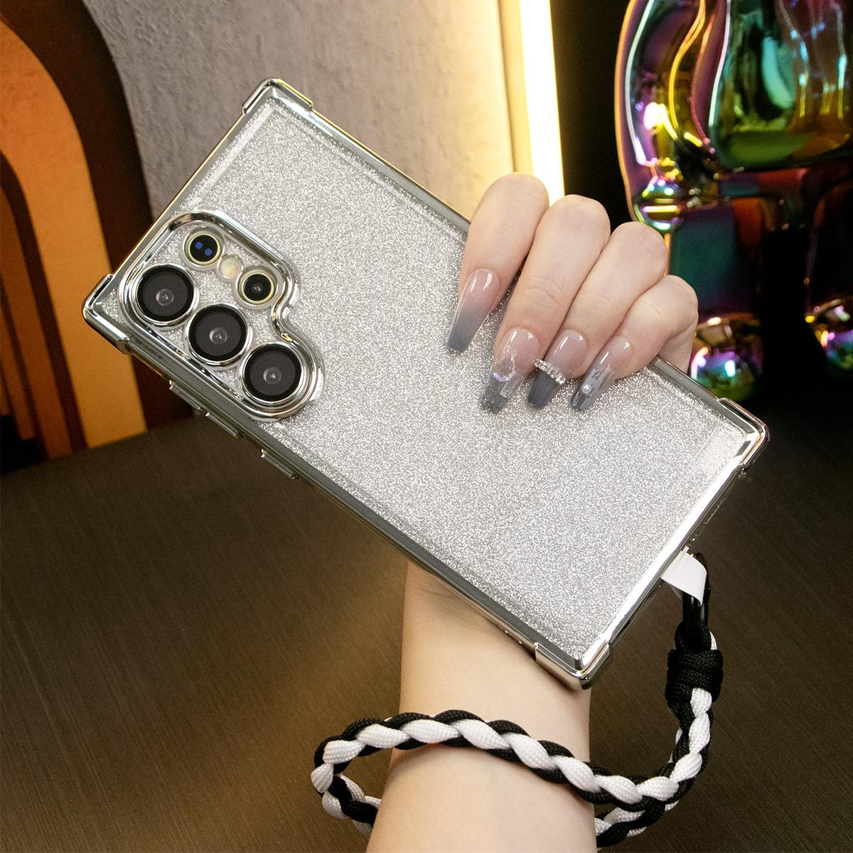 Luxury Glitter Plating Four Corners Shockproof Clear Case With Woven Wristband For Samsung S25 S24 S23 S22 S21 Note20 Transparent Hard Acrylic Hybrid Bumper Armor Cover