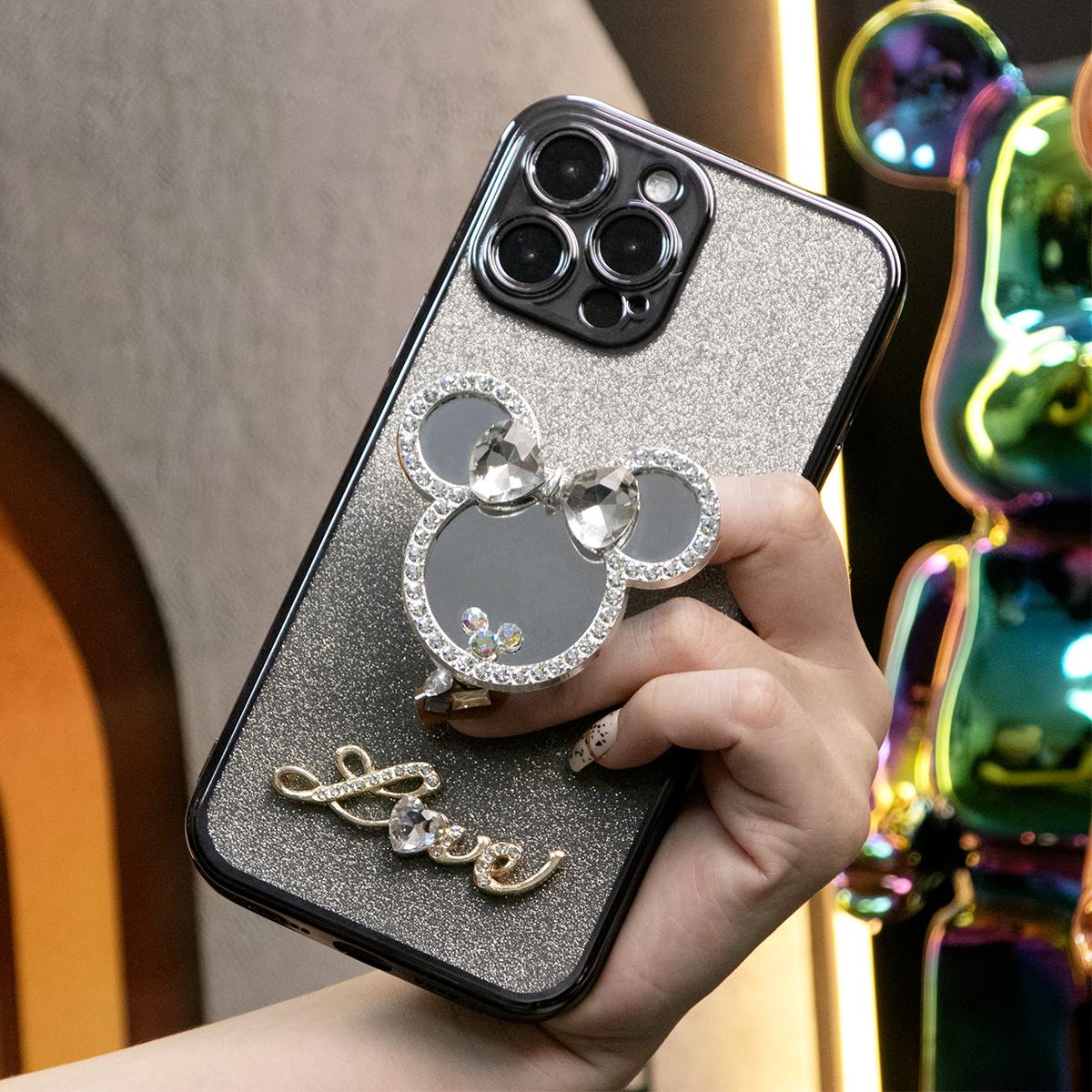 Glitter Transparent Gradient Mouse Head Mirror Kickstand Plating Phone Case For iPhone 16 15 14 13 12 Pro Max Clear Soft TPU Back Cover