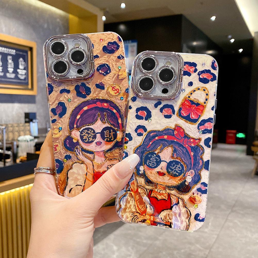 For iPhone 16ProMax 16 15 14 13 12 11 Phone Case with Diamond Camera Kickstand, Rich Girl Women Leopard Print Rainbow Castle, Oil Painting Camera Frame Anti-drop Hard Shockproof Full Cover