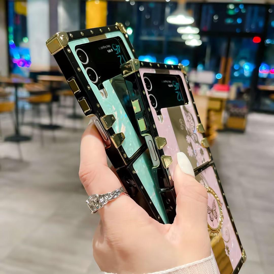 Luxury Glitter Mirror Butterfly Cover For Samsung Galaxy Z Flip 5 Fashion bracket Square Case For Samsung Galaxy Z Flip 4 Z Flip 3