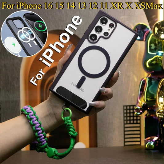 Transparent Magnetic Shockproof Hard Phone Case With Hand Woven Wristband For iPhone 16 15 14 13 12 11 XR X XSMax Silicone Candy Color Edges Clear Acrylic Cover