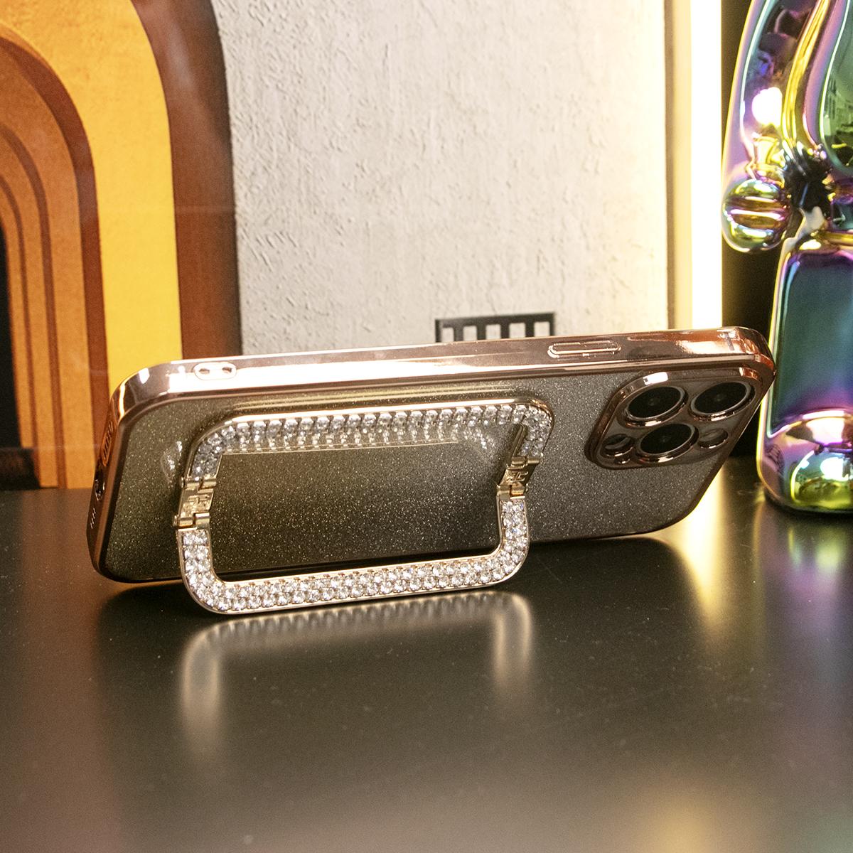 For iPhone 16 15 14 13 12 11 XR XSMax X/XS Phone Case, Rhinestone Square Kickstand, Glitter Gradient Clear Plating Luxury Elegant Case Pop Stand Shockproof Soft Cover
