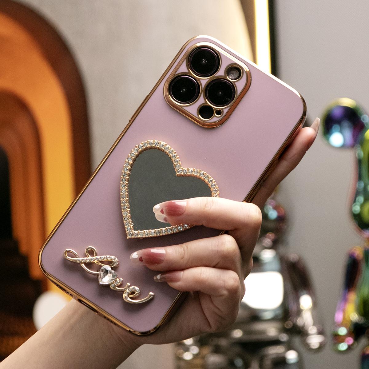 For iPhone 16 15 14 13 12 11 XR XSMax X/XS Phone Case, Love Heart Mirror, Plating Electroplate Luxury Elegant Case Camera Protector Shockproof Soft Cover