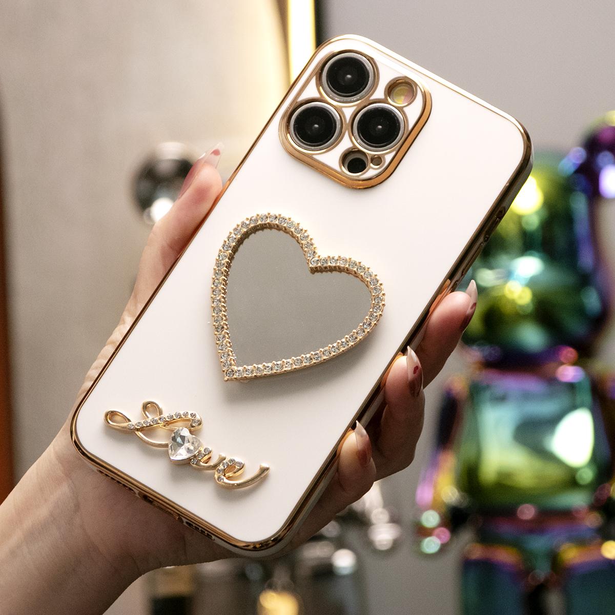 For iPhone 16 15 14 13 12 11 XR XSMax X/XS Phone Case, Love Heart Mirror, Plating Electroplate Luxury Elegant Case Camera Protector Shockproof Soft Cover