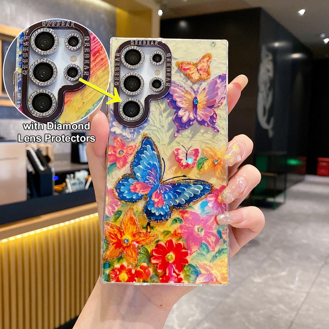 For Samsung S25 S24 S23 S22 Phone Case with Diamond Lens Protectors, Luxury Panda Leopard Rainbow Butterfly Elephant Oil Painting Metal Camera Frame Anti-drop Hard Shockproof Full Cover