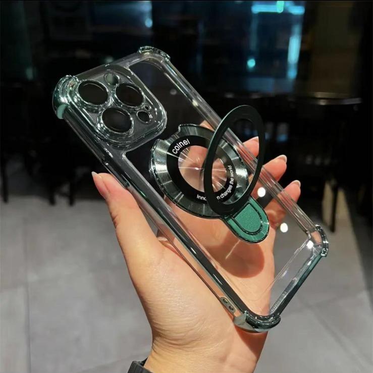 Glitter Plating Acrylic with Len Protector Phone Case with Magnetic Kickstand For iPhone 16ProMax 15 14 13 12 Four Corner Shockproof Hard Full Cover