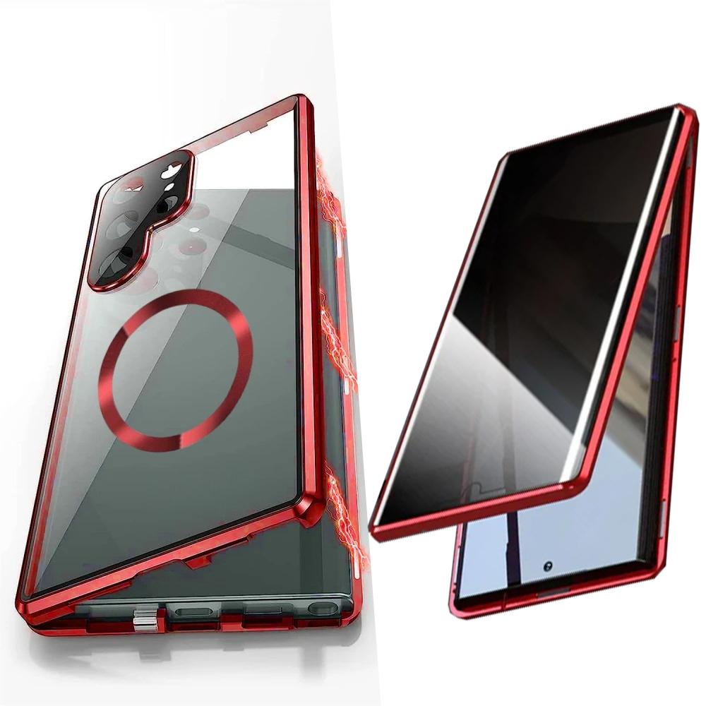 Privacy Tempered Glass Front Acrylic Magnetic Ring Black Cover Double Sided Magnetic Phone Case for Samsung S25Ultra S25 S24 S23 S22 S21 Metal Frame Anti-peep Full Case with Len Protection