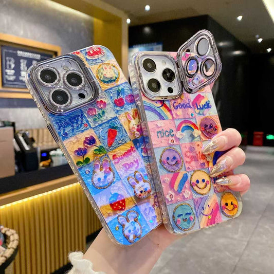 For iPhone 16ProMax 16 15 14 13 12 11 Phone Case with Diamond Camera Kickstand, Smiling Face Rainbow Rabbit Deer, Luxury Oil Painting Camera Frame Anti-drop Hard Shockproof Full Cover