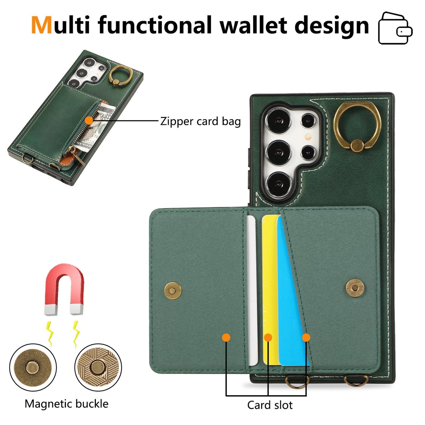 For Samsung S25Ultra S24 S23 S22 A16 A15 A35 A55 Leather Phone Case with Double Folding Wallet Wristband, Anti-Fall Card Bag Kickstand Shockproof Business Hard Full Cover