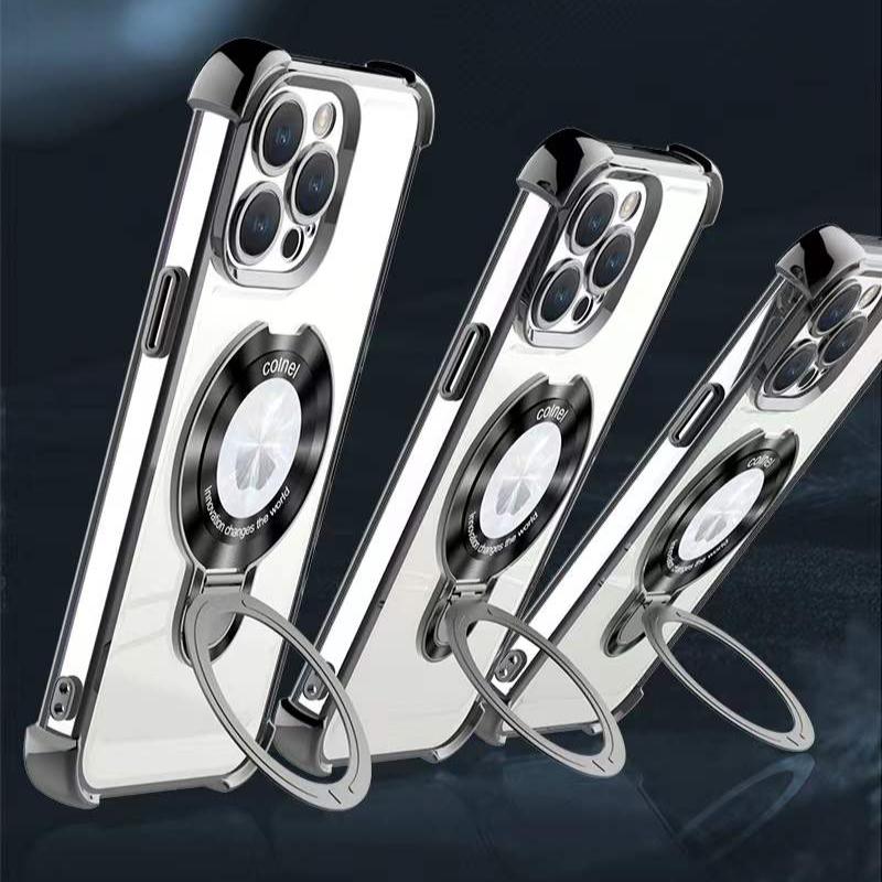 Luxury Plating Four Corners Shockproof Clear Case With Magnetic Stand For iPhone 16 15 14 13 Transparent Hard Acrylic Hybrid Bumper Hard Full Cover