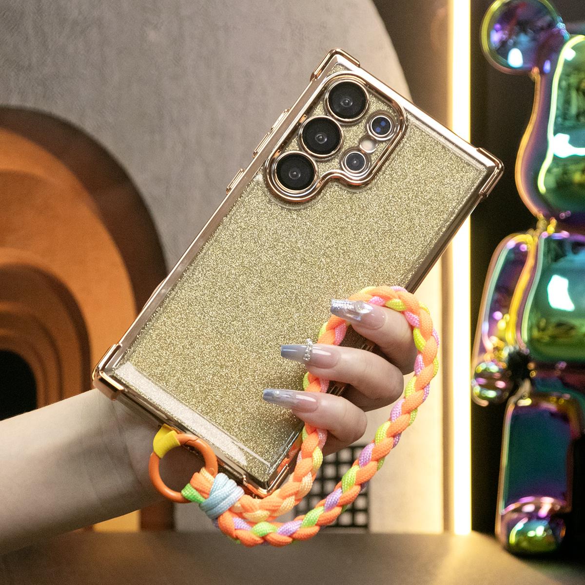 Luxury Glitter Plating Four Corners Shockproof Clear Case With Woven Wristband For Samsung S25 S24 S23 S22 S21 Note20 Transparent Hard Acrylic Hybrid Bumper Armor Cover