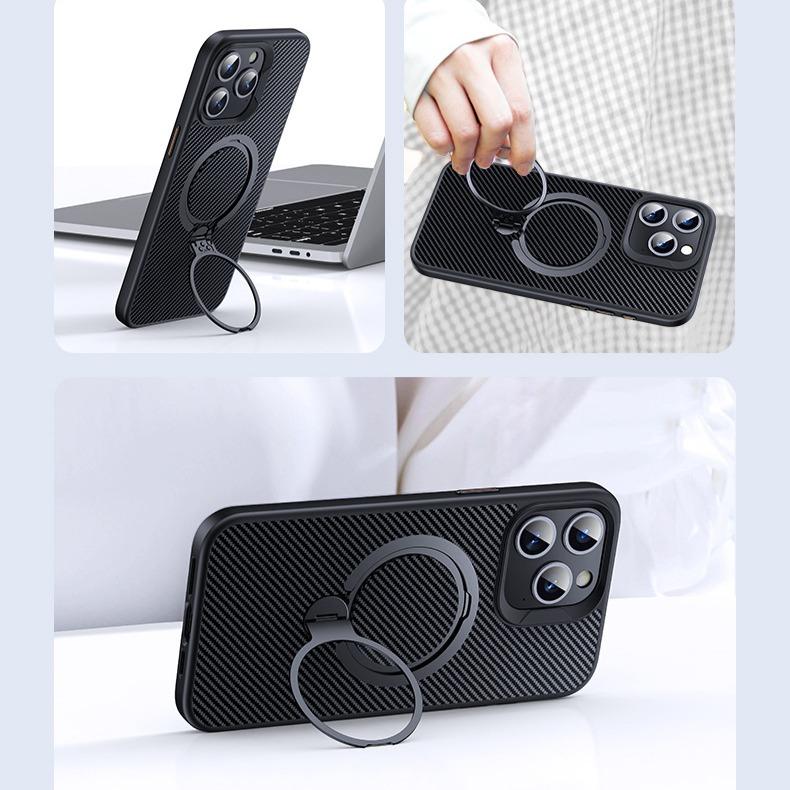 Double Ring Carbon Fiber Pattern Slim PC Strong Magnetic Phone Case with 360 Rotating Metal Kickstand For iPhone 16ProMax 15 14 13 12 Skin Feel Bumper Shockproof Hard Full Cover