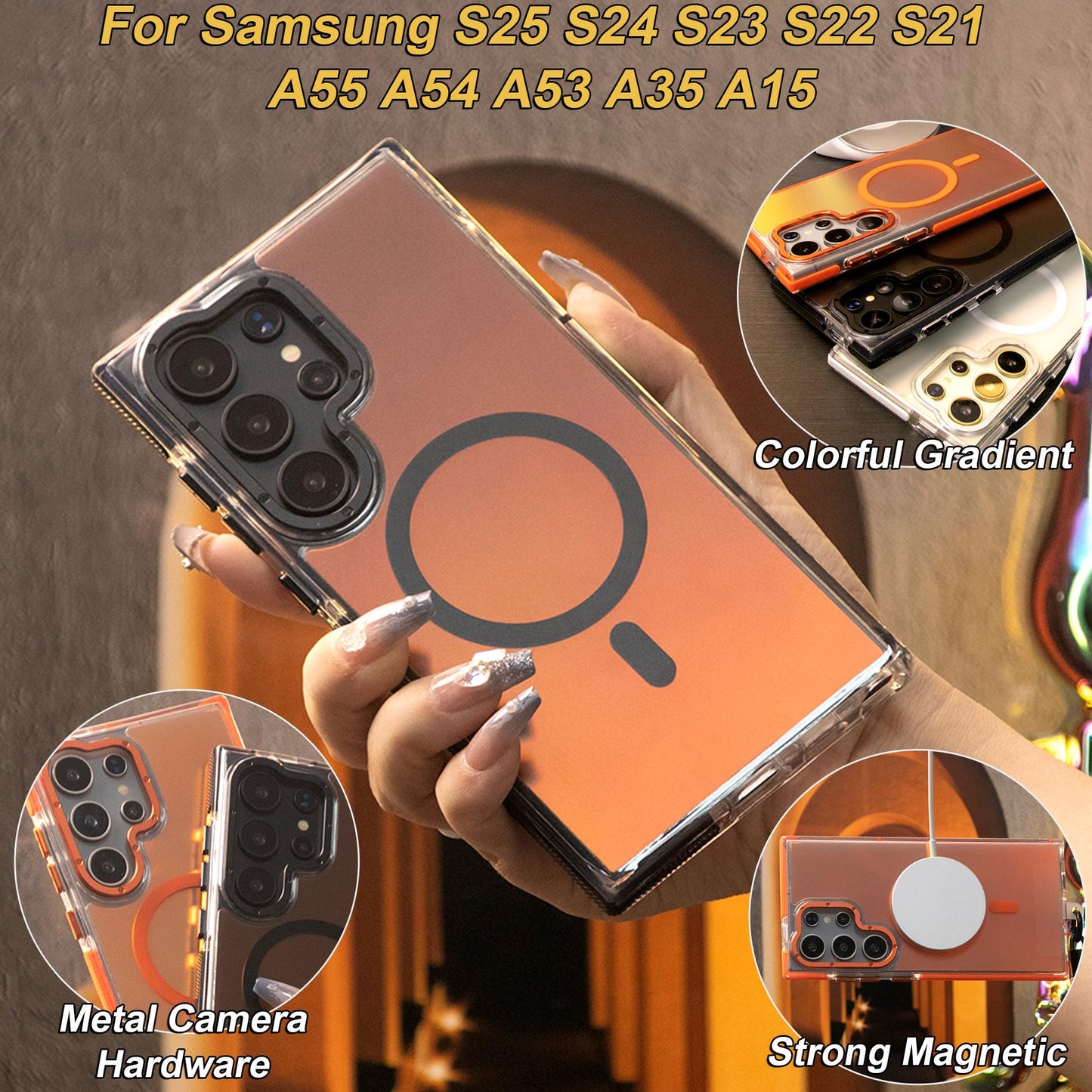 Laser Gradient Chameleon Strong Magnetic Phone Case For Samsung S25Ultra S25 S24 S23 S22 S21FE A06 A15 A16 A25 A35 A36 A53 A54 A55 Metal Frame Acrylic Shockproof Cover