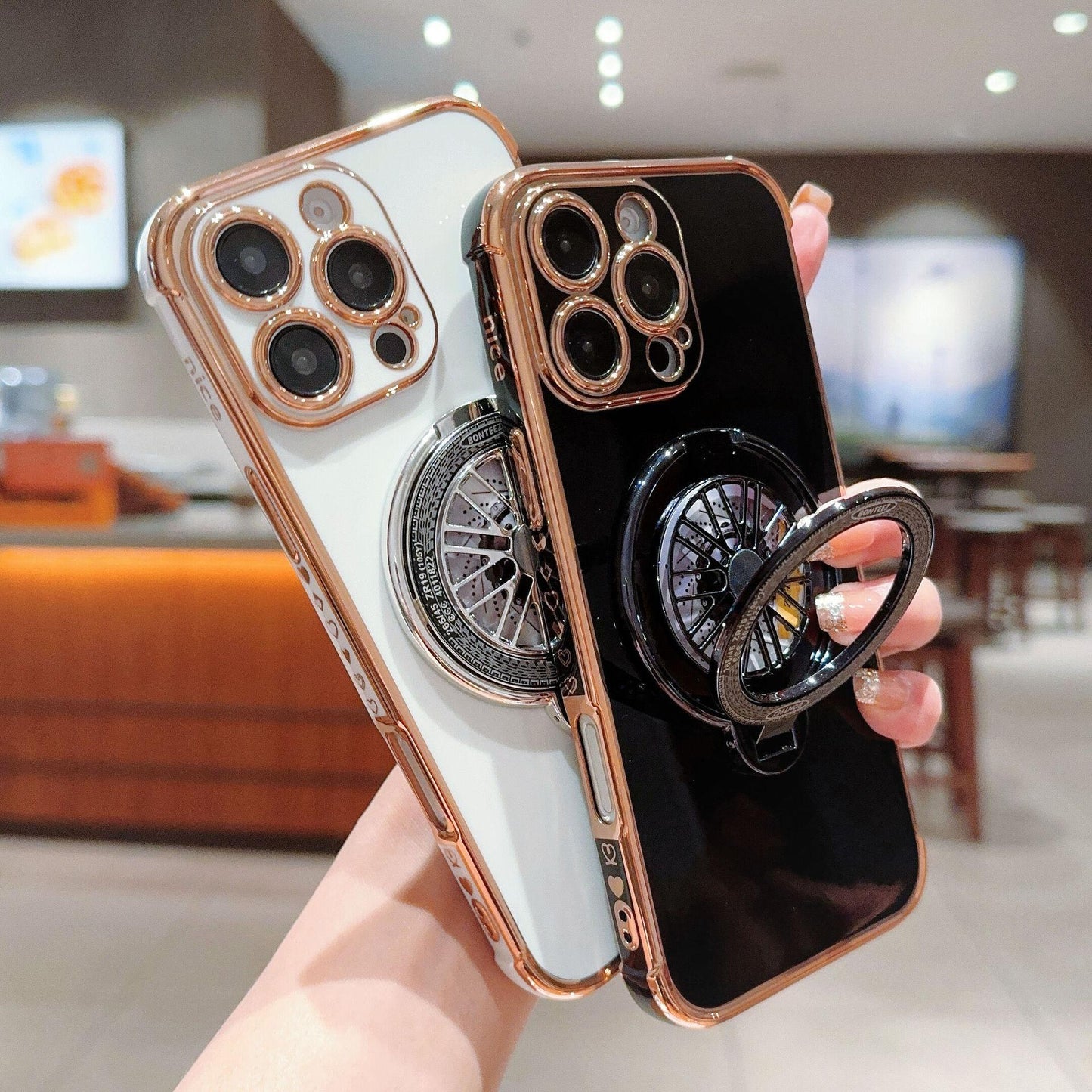 Plating Love Heart TPU Phone Case with Metal Magnetic Gyro Rotating Kickstand For iPhone 16ProMax 15 14 13 12 Shockproof Support Wireless Charging Soft Full Cover