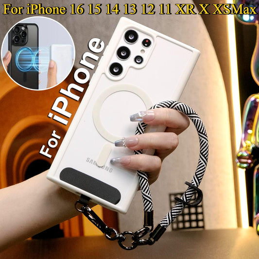 Transparent Magnetic Shockproof Hard Phone Case With Multifunctional Climbing Rope For iPhone 16 15 14 13 12 11 XR X XSMax Candy Color Edges Clear Acrylic Cover