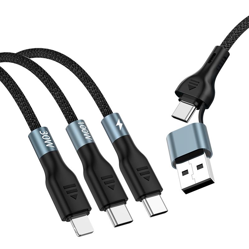 1.2m/2m 100W Super Fast Charge 2in3 Data Cable Support Laptop/Mobile Phone/Tablet USB+Type-c to C+L+C Multi-port Fast Charging Metal Head Nylon Braided Wire