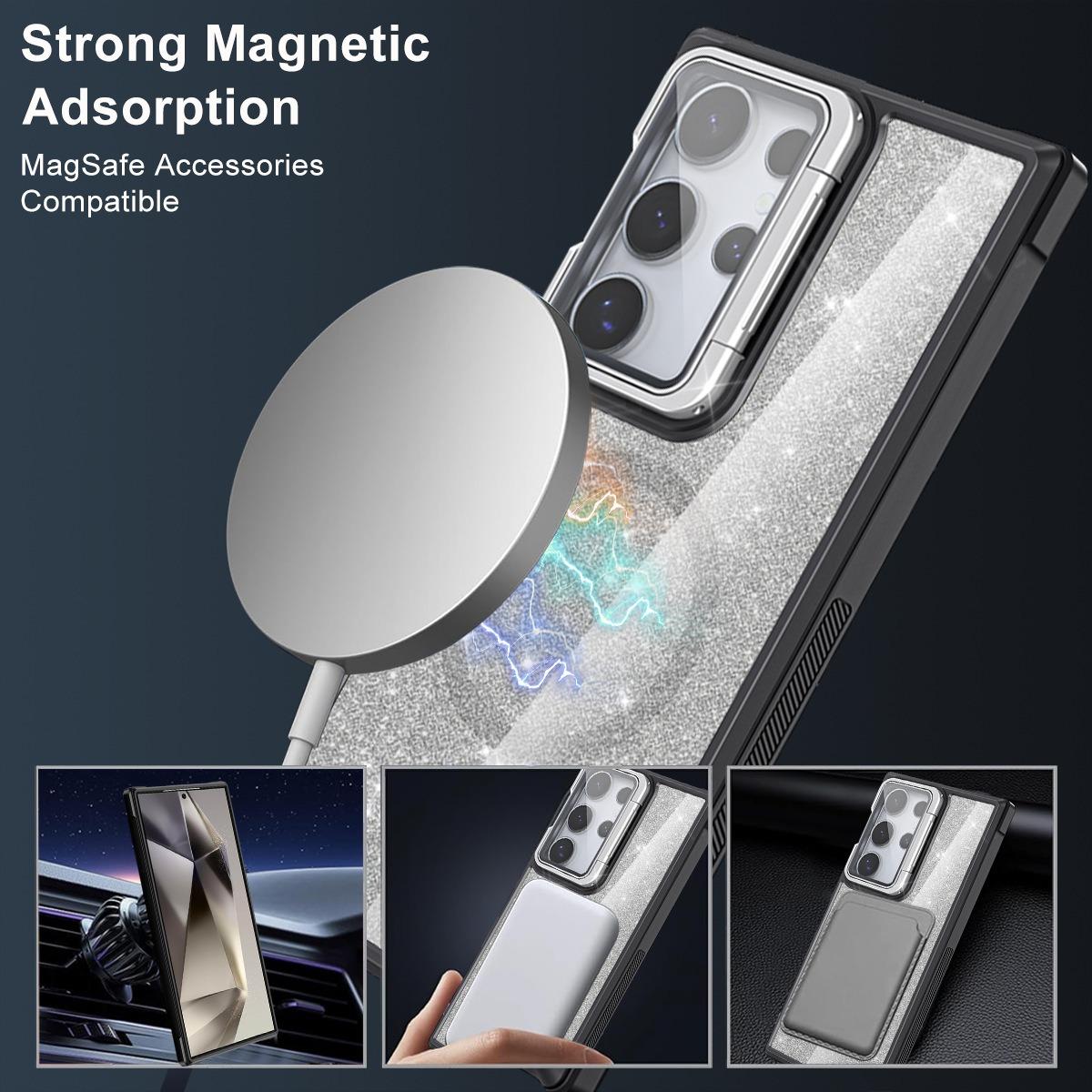 For Samsung S25Ultra S25 S24 S23 S21FE S20FE Strong Magnetic Phone Case, Glass Camera Kickstand Protection, Glitter Clear Acrylic Four Corner Shockproof Bumper Hand Feel Hard Full Cover