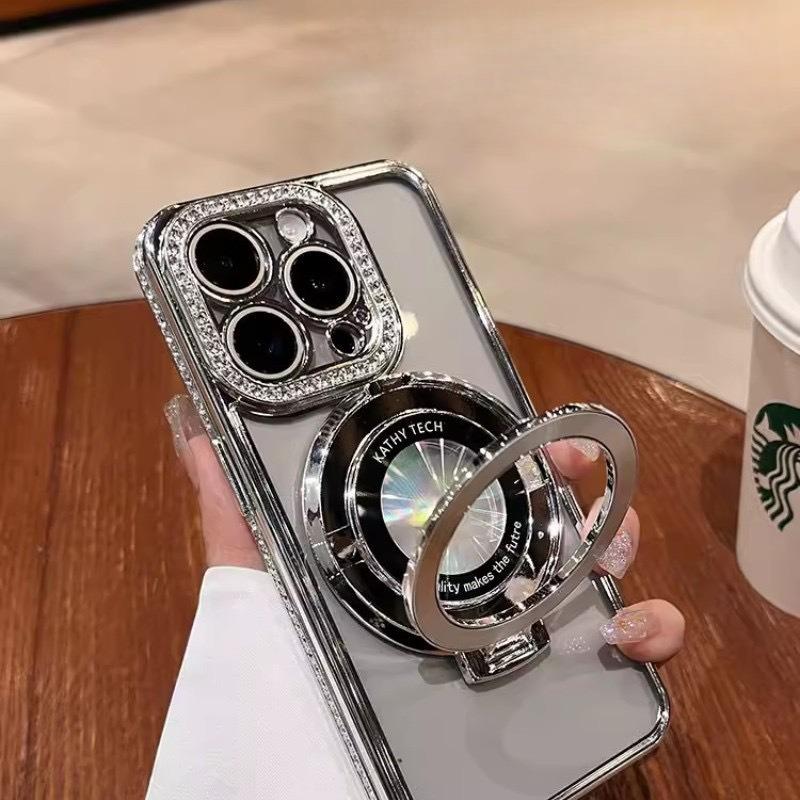 Glitter Gradient Plating Rhinestone TPU Phone Case with Kickstand For iPhone 16ProMax 15 14 13 12 11 Shockproof Soft Full Cover