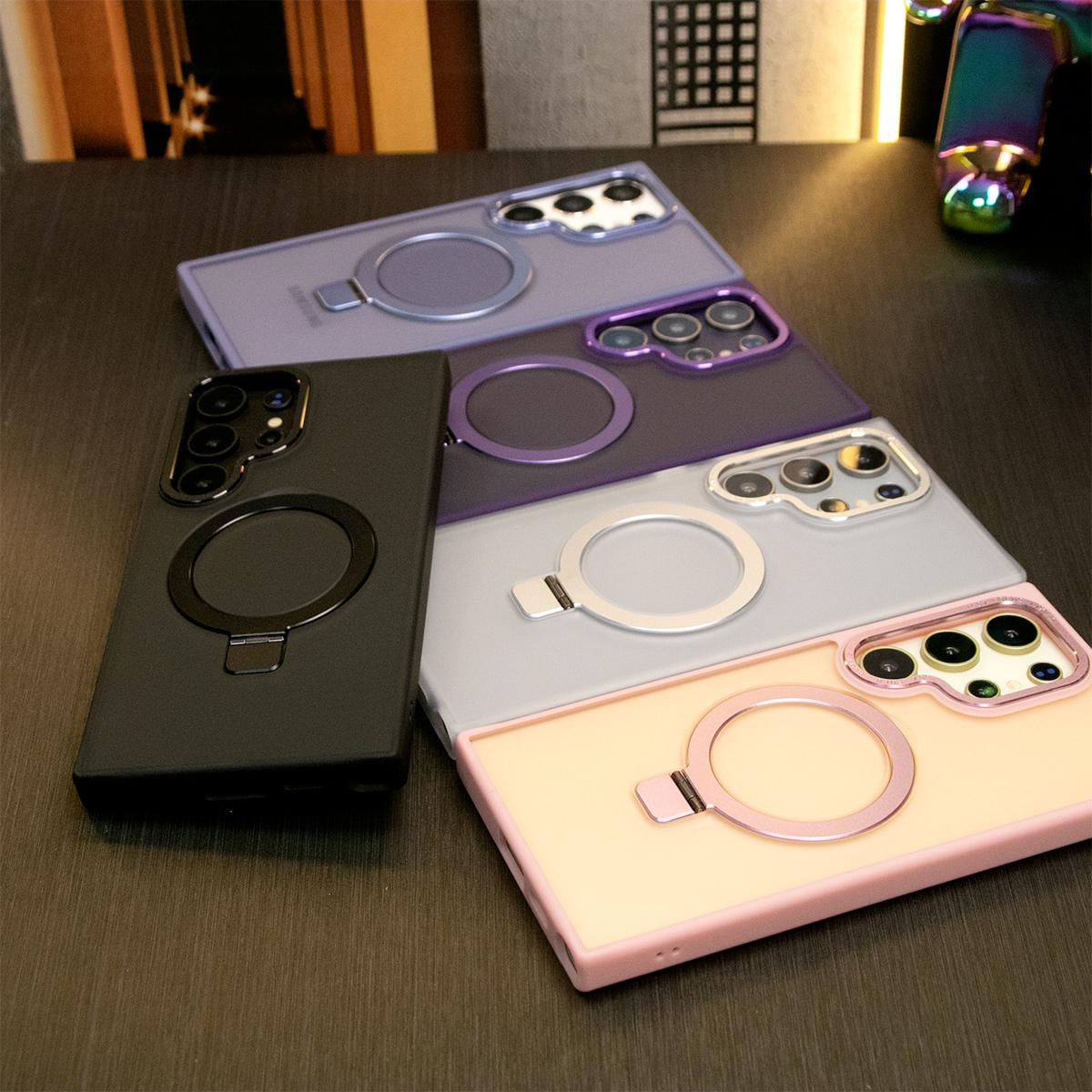 For Samsung S25Ultra S25 S24Ultra S24 S23Ultra S23 Plus Phone Case, Clear Matte Acrylic Strong Magnetic Metal Frame Kickstand [Not Yellowing] Shockproof Hard Full Cover