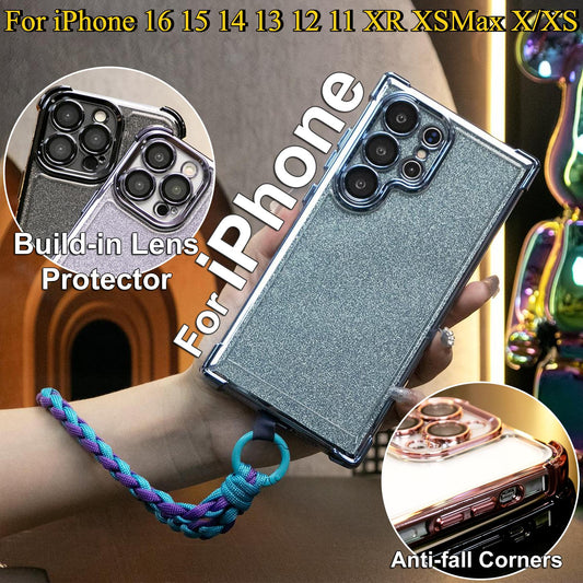 Luxury Glitter Plating Four Corners Shockproof Clear Case With Woven Wristband For iPhone 16 15 14 13 12 11 XR XSMax X/XS Transparent Hard Acrylic Bumper Full Cover