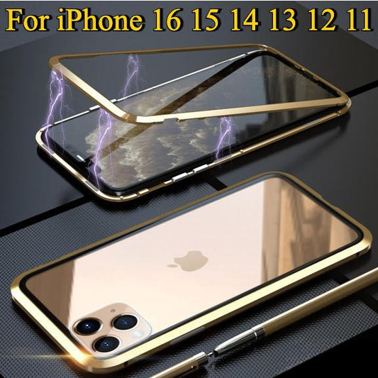 Double Sided Full Cover 360 Magnetic High Definition Adsorption Metal Case For iPhone 16 15 14 13 12 11 Pro Max Glass Cover