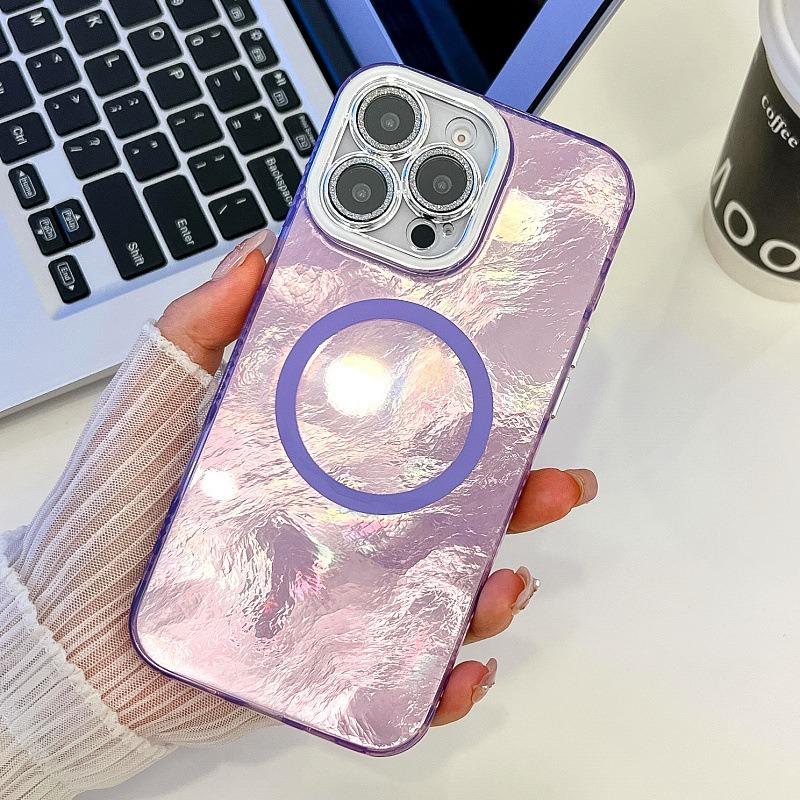For iPhone 16ProMax 16 15 14 13 Phone Case, Electroplating Magnetic Laser Flow Silk Pattern Acrylic Slim With Glitter Len Protector, Protection Non-Yellowing Hard Cover