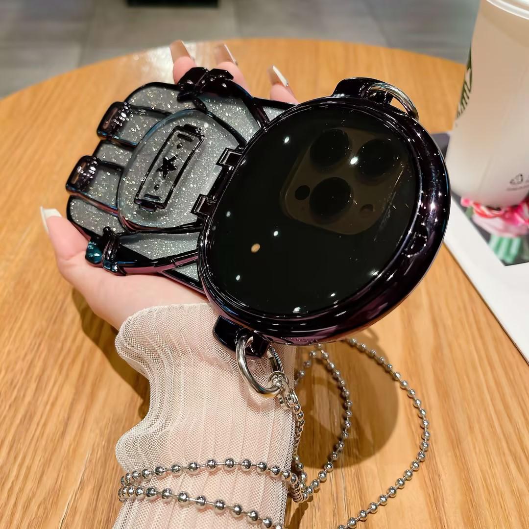 Luxury Glitter  Diagonal Hanging Chain Plating Mirror Astronaut Case For iPhone 16 15 14 13 12 Pro Max Fashion Bracket Square Case Back Cover
