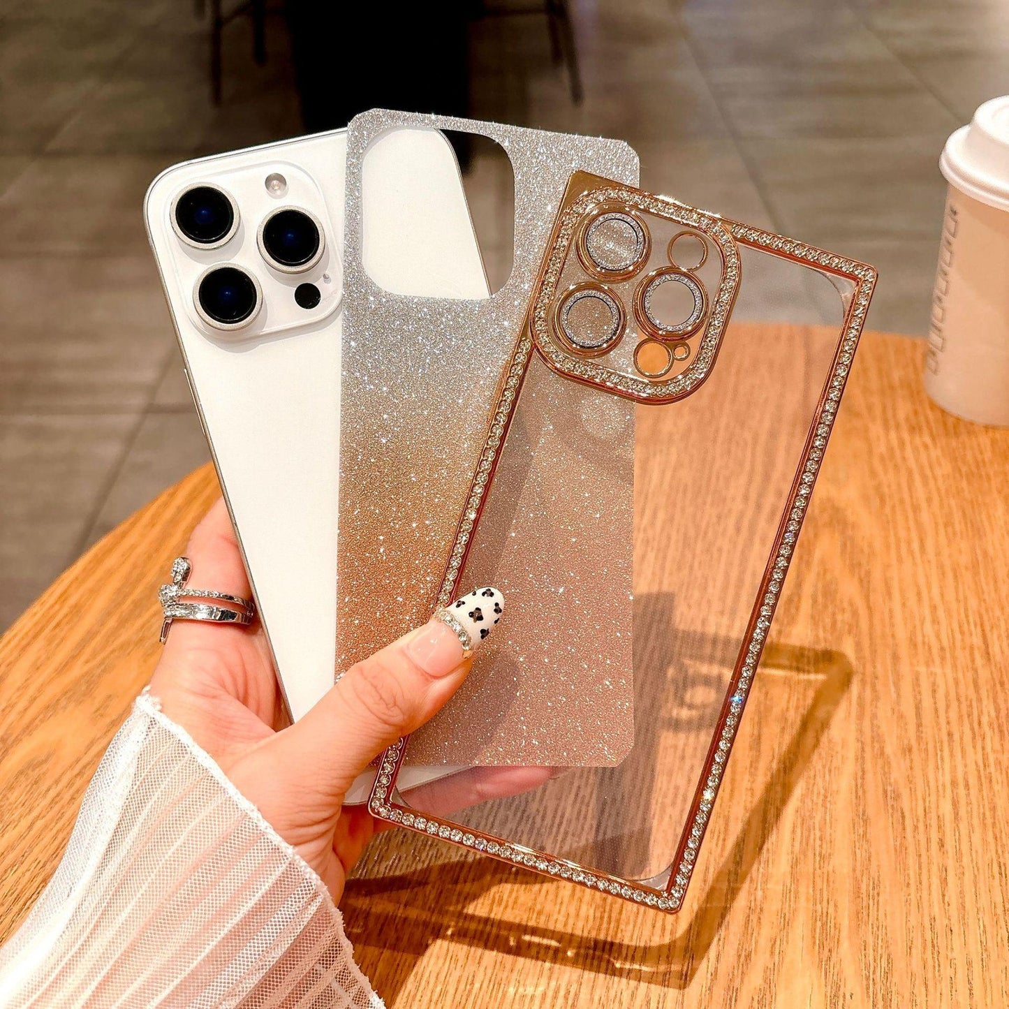 Glitter Rhinestone Clear TPU Square Phone Case with Len Protector For iPhone 16ProMax 15 14 13 Transparent Bumper Shockproof Soft Full Cover