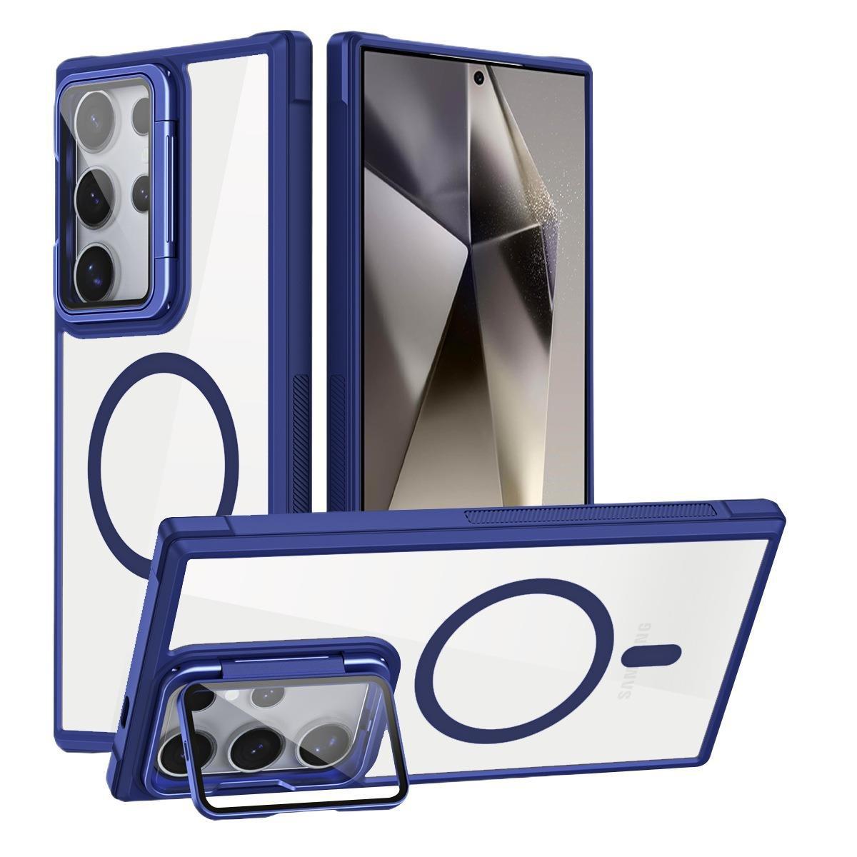 For Samsung S25Ultra S25 S24 S23 S21FE S20FE Strong Magnetic Phone Case, Glass Camera Kickstand Protection, HD Acrylic Four Corner Shockproof Bumper Hand Feel Hard Full Cover