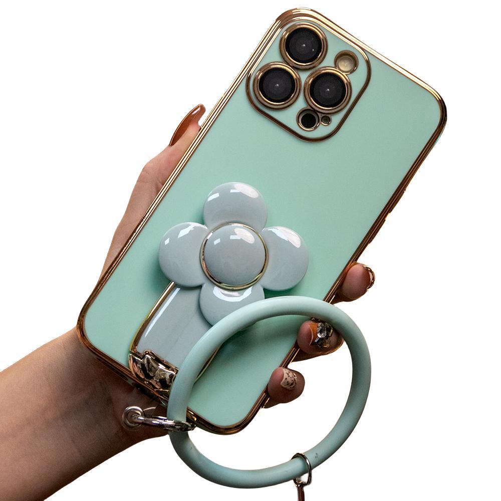 For iPhone 16 15 14 13 12 Pro Max Phone Case, Windmill Kickstand with Bracelet, Plating Electroplate Luxury Elegant Case Camera Protector Pop Stand Shockproof Soft Cover