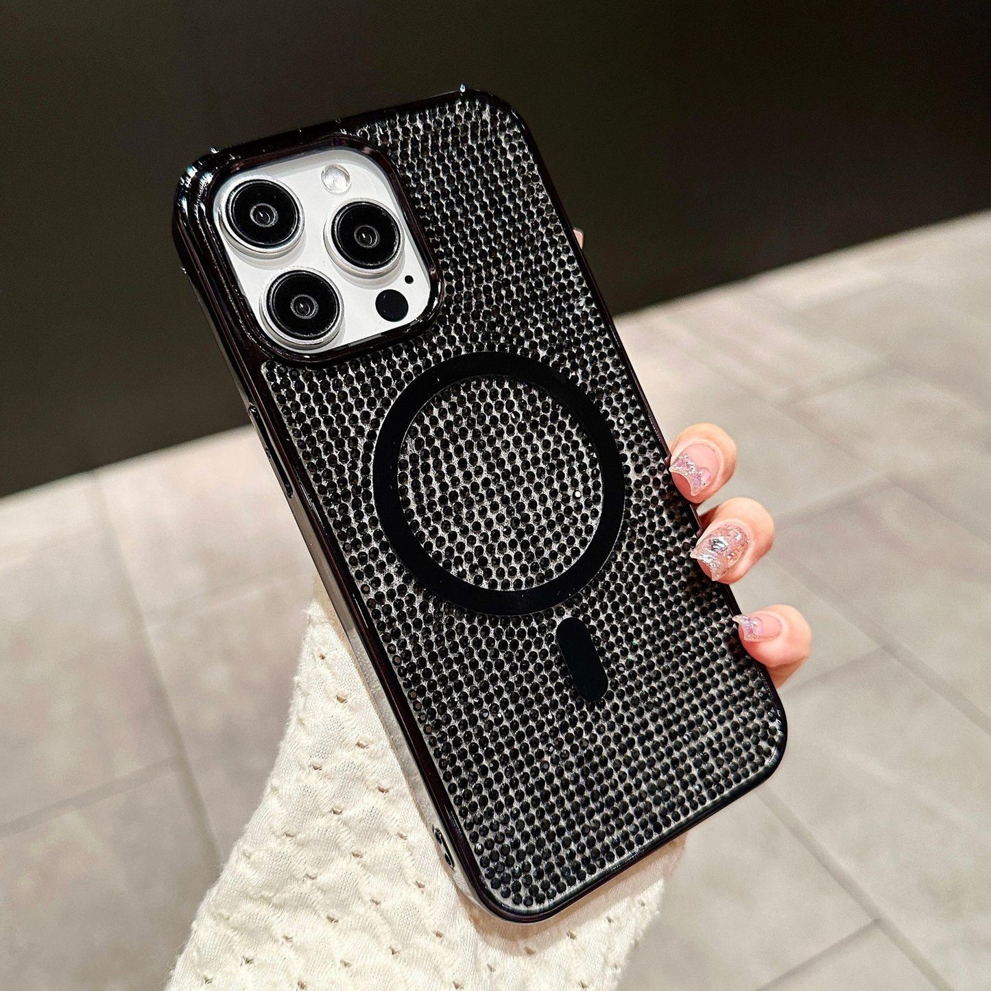 Luxury Rhinestone Glitter Plating Slim PC Strong Magnetic Phone Case For iPhone 16ProMax 15 14 13 Hard Support Wireless Charging Full Cover