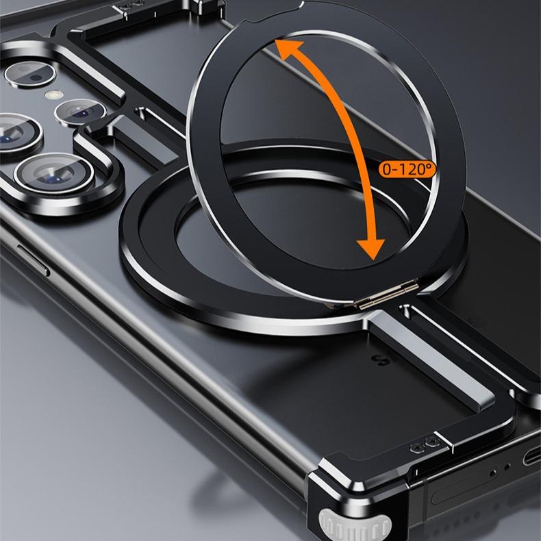 For Samsung S25Ultra S24Ultra S24+ S24 Aluminum π Shape Phone Case with Metal 360 Rotating Kickstand, Anti-Fall for Magsafe Shockproof Frameless Support Wireless Charging Hard Full Cover