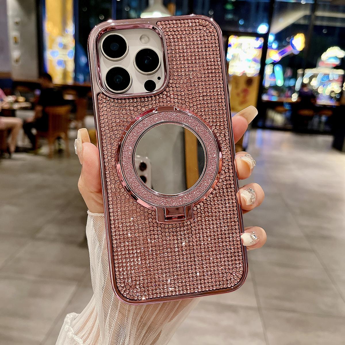 Bling Rhinestone Plating Diamonds Magnetic Wireless Charging Phone Case With Luxury Glitter Mirror Magnetic Kickstand For Samsung S24 S23 S22 Shockproof Protection Soft Bumper Cover