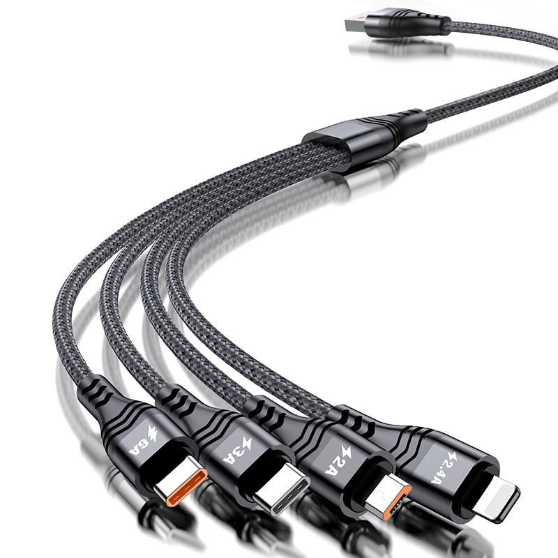 1.2m/2m 6A 4in1 One Drag Four Fast Filling Line Cable Aluminum Alloy + Two-color Braided Thread Fast Charging IP Type-C Android Universal