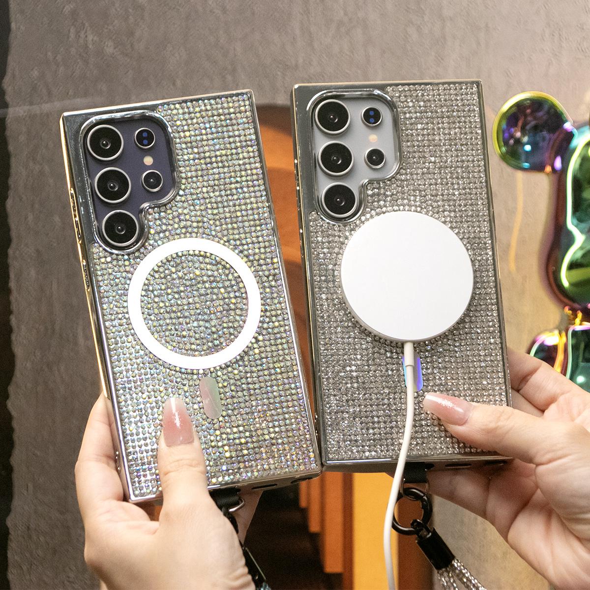 Luxury Glitter Rhinestone Plating Diamonds Magnetic Wireless Charging Phone Case With Rhinestone Wristband For iPhone 16 15 14 13 12 11 Shockproof Protection Bumper Hard Full Cover